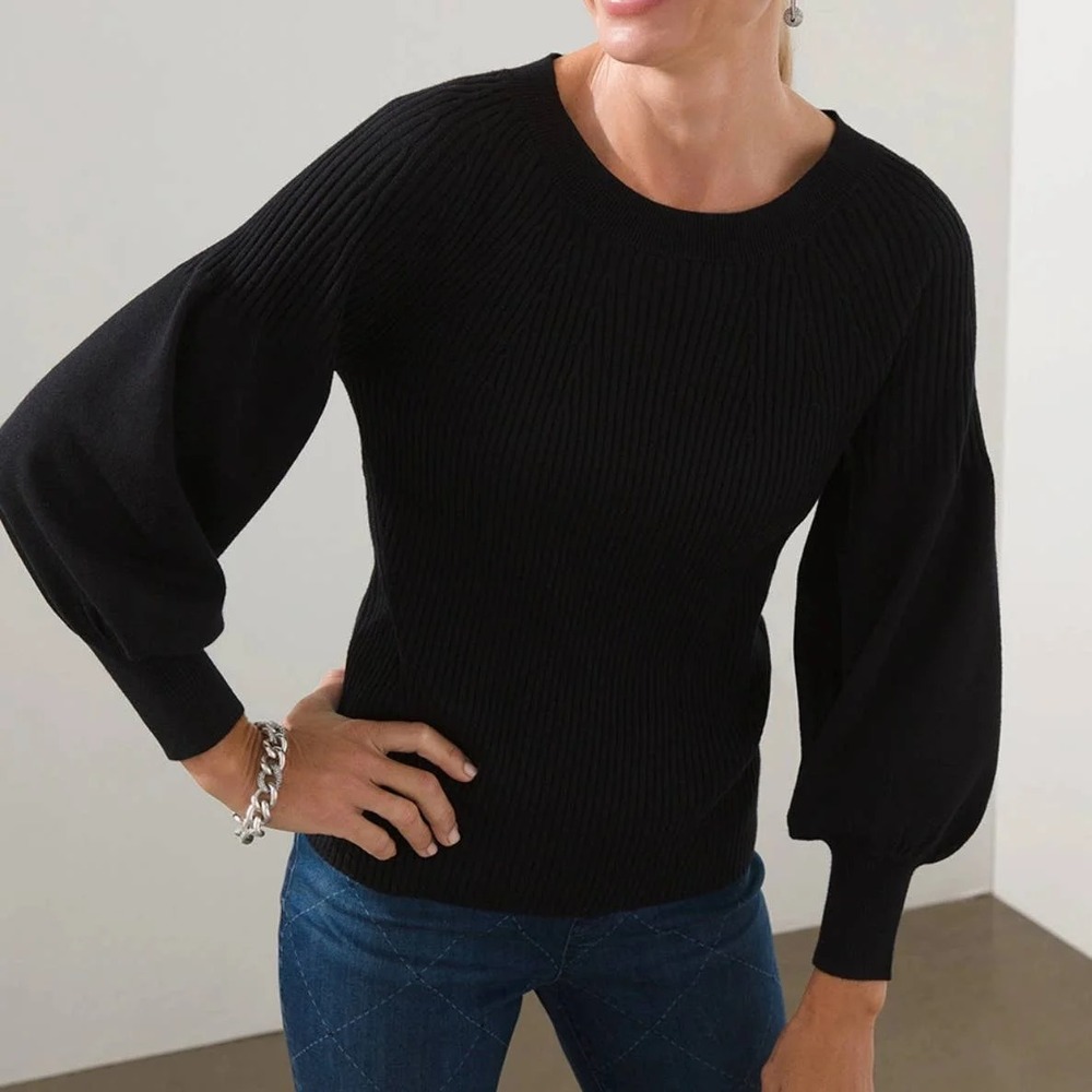 Chicos Women's Black Ribbed Size L‎ Sweater Bishop Sleeves Crewneck Fitted